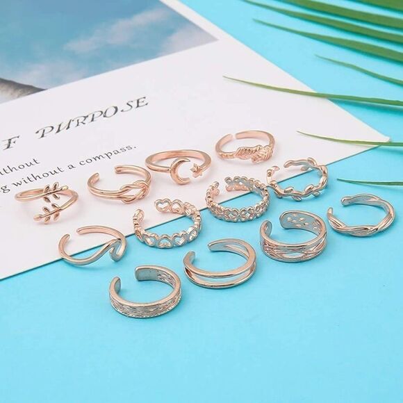 Rose Gold Adjustable Open Toe Rings - Set of 12 - Picture 2 of 7
